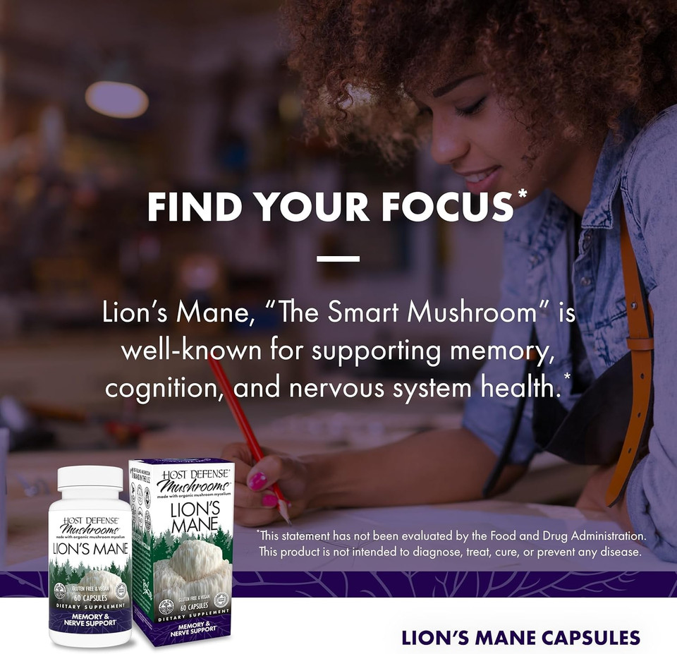 Host Defense Mushrooms Lion'S Mane - Supplement Capsules For Brain Health Support - Mushroom Support For Focus & Memory Function - Immune & Nervous System Supplement - 30 Capsules (15 Servings)