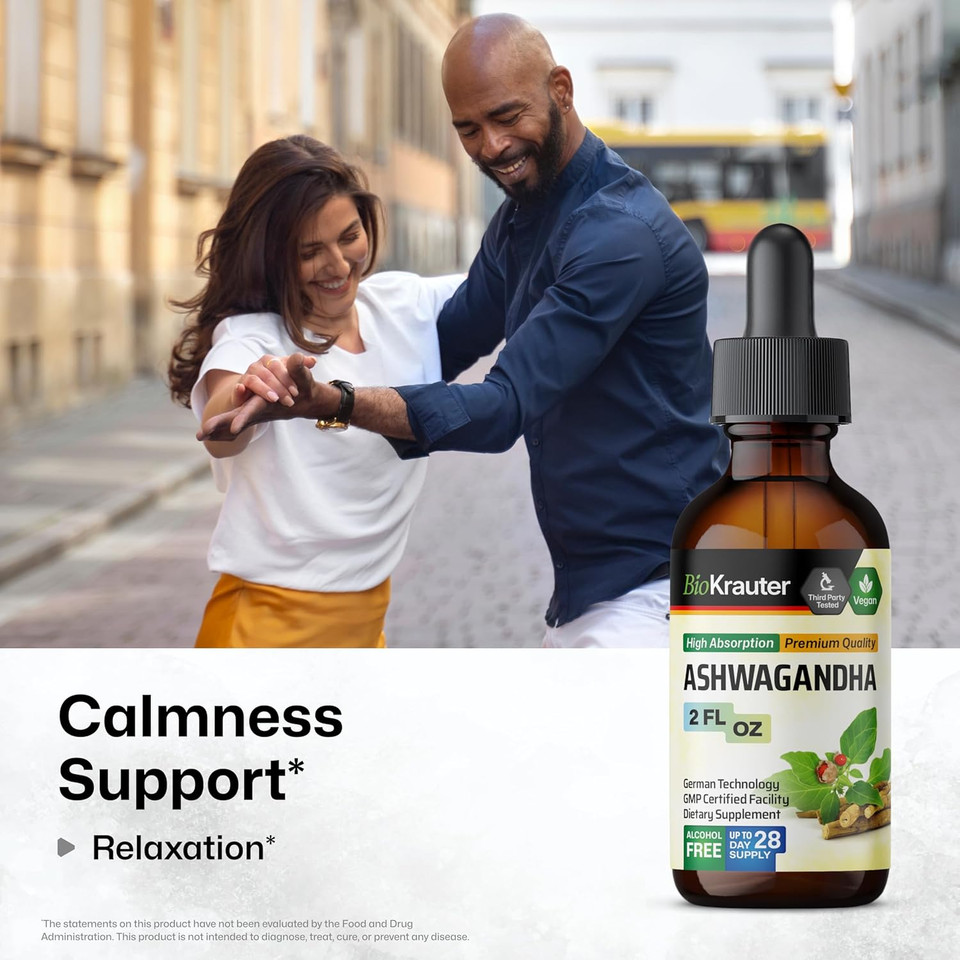 Bio Krauter Ashwagandha Liquid Drops - Ashwagandha Supplements For Calmness - Vegan Mood Support Drops - Alcohol & Sugar Free - 4 Fl.Oz