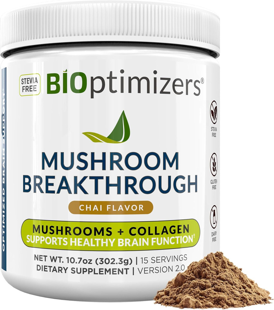 Bioptimizers Mushroom Coffee Alternative  Chocolate Drink  LionS Mane, Chaga, Reishi + Collagen Peptides For Focus, Energy & Gut Health  Adaptogenic Mushrooms & Mct Powder  15 Servings