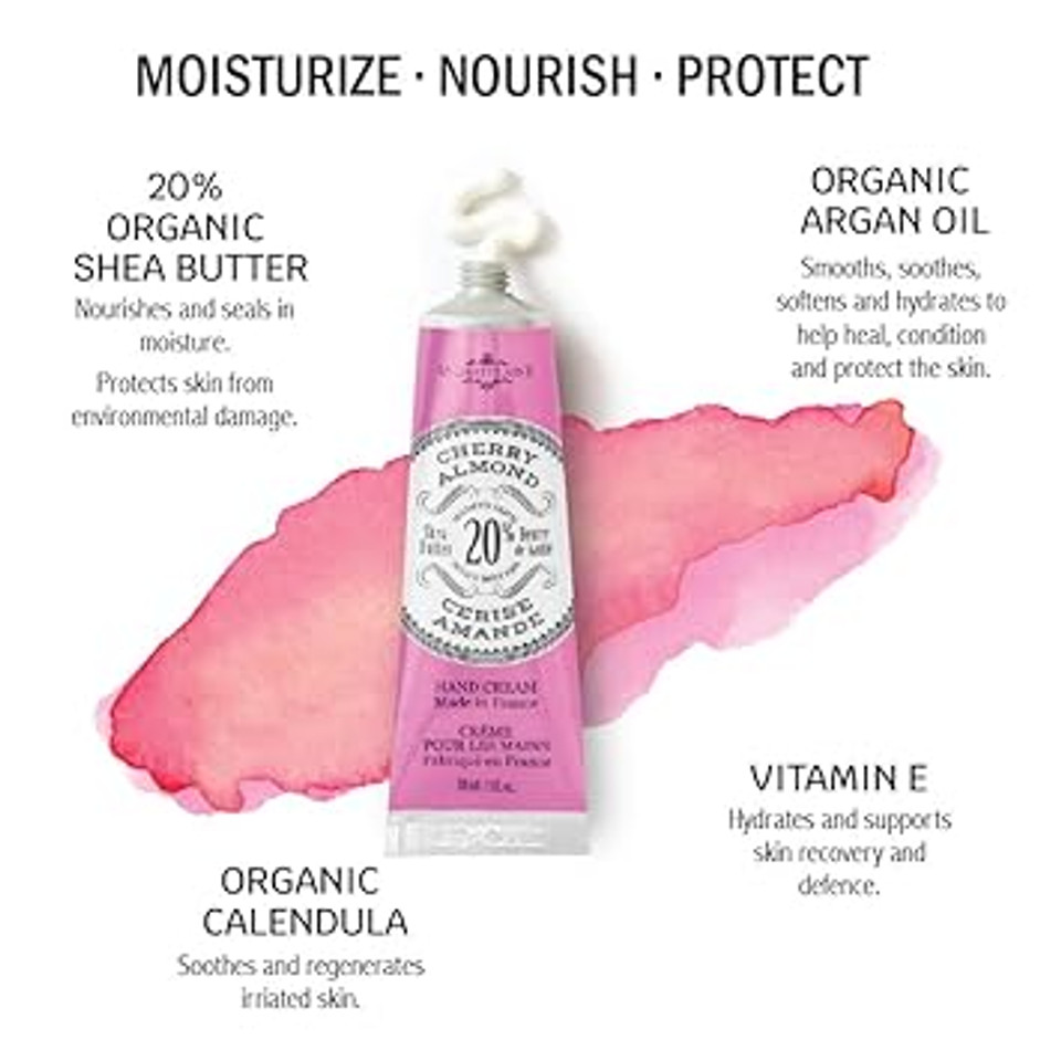 La Chatelaine 20% Shea Butter Hand Cream, Travel Size, Organic Argan Oil, Moisturizing, Nourishing, Repairing, Extra Rich, Non-Greasy, Made In France, Paraben Free, 1 Oz/ 30Ml (Cherry Almond)