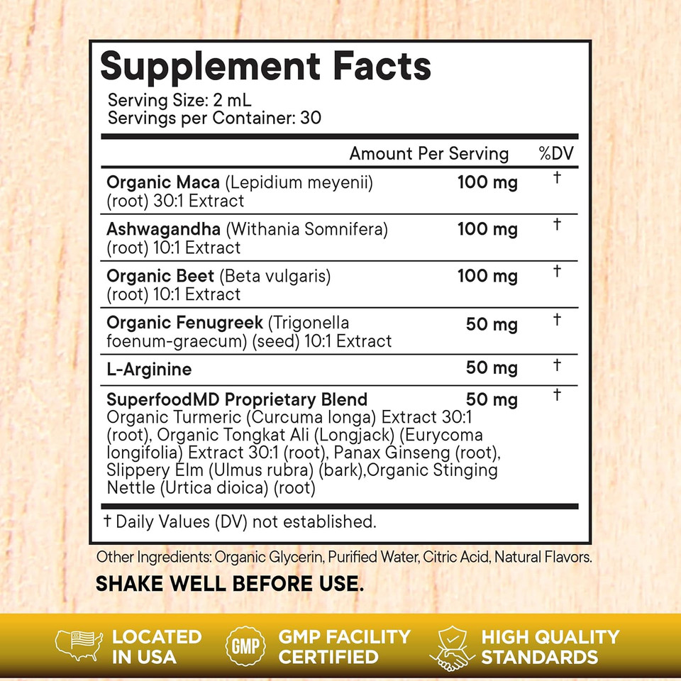 Superfood Md Maca Root Liquid Drops With Ashwagandha, Nettle, Fenugreek, Beet Root And L-Arginine Liquid Multivitamin For Women And Men - 2Oz