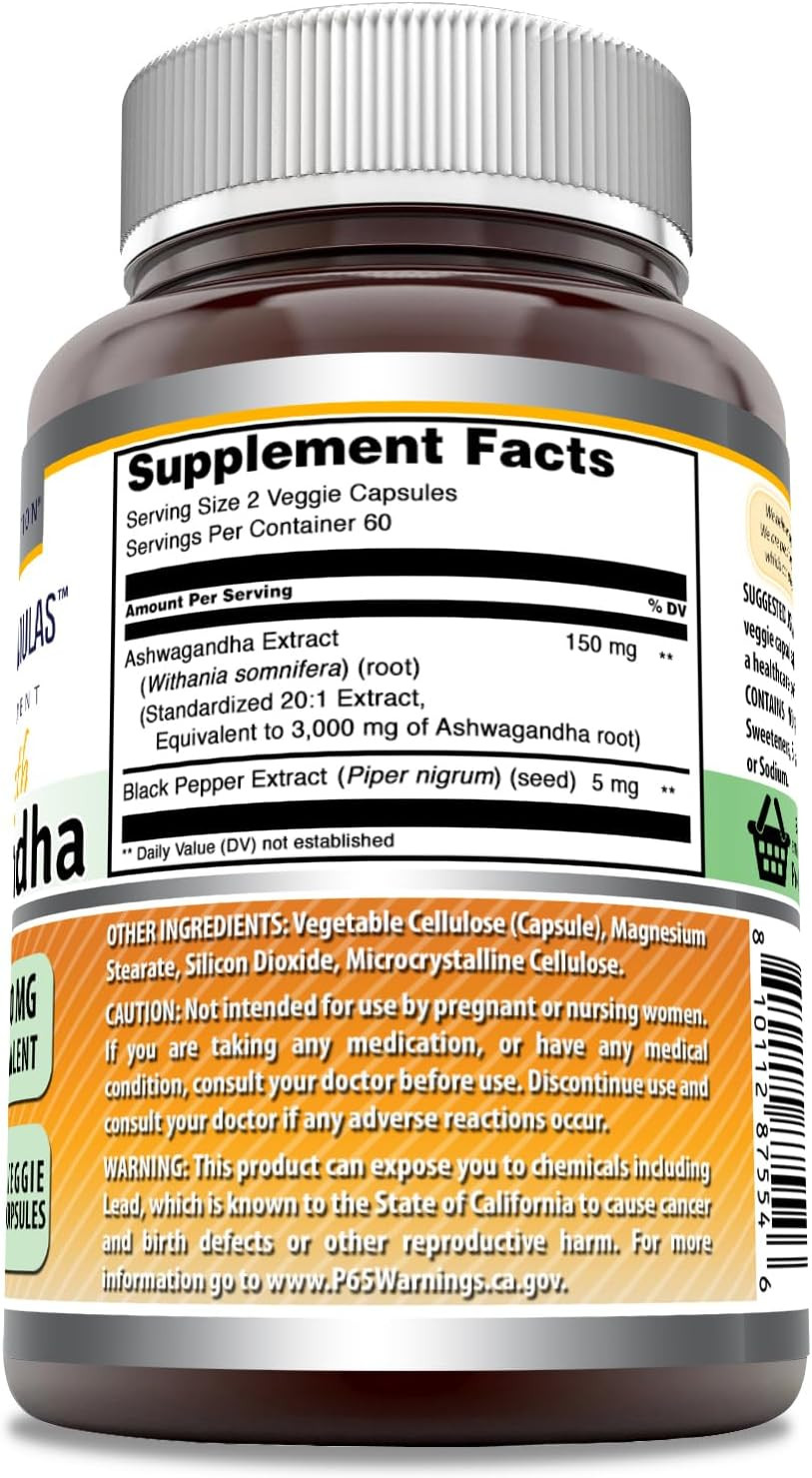 Amazing Formulas Ashwagandha Extract Supplement | 150 Mg Extract (20:1) | Equivalent To 3,000 Mg | Veggie Capsules | Non-Gmo | Gluten-Free | Made In Usa (120, Count)