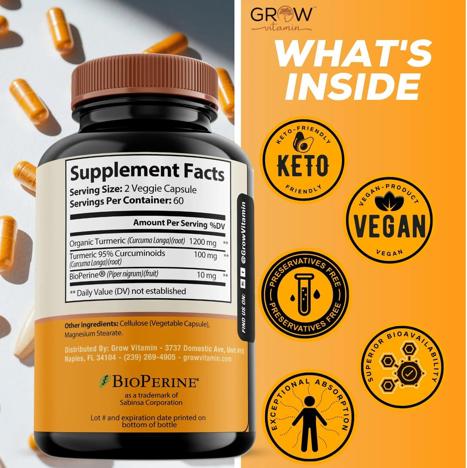Grow Vitamin Curcumin+ Ultra: Organic High-Potency Blend | Maximum Strength Turmeric Formula With 95% Curcuminoids | Usda Certified | 30-Day Supply