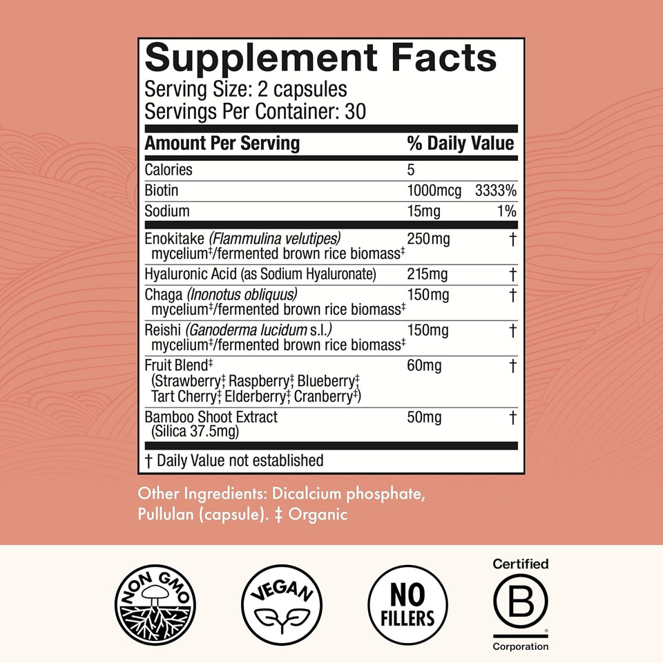 Host Defense Mycobenefits Beauty Capsules - Supplement For Healthy Hair & Nail Strength - Skin Elasticity & Health Aid - Mushroom Supplement With Biotin & Hyaluronic Acid - 60 Capsules (30 Servings)