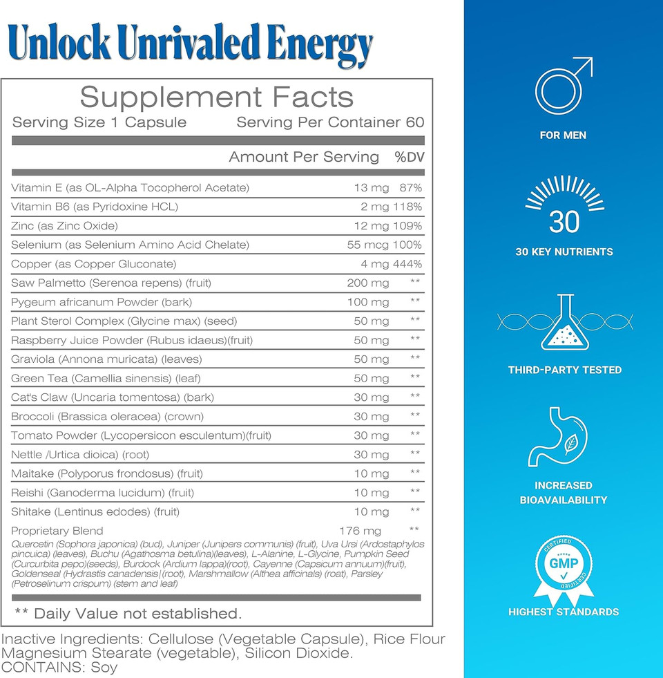 Prostate Support Supplement Formula With Saw Palmetto Extract And Bladder Control Complex - 30 Day Supply