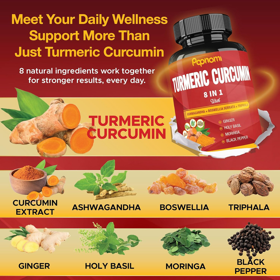Turmeric Curcumin Extract Capsules - 90 Counts 3 Month Supply - Blended Ashwagandha, Moringa, Ginger & More - Immunity, Joint, Digestive & Wellness Support