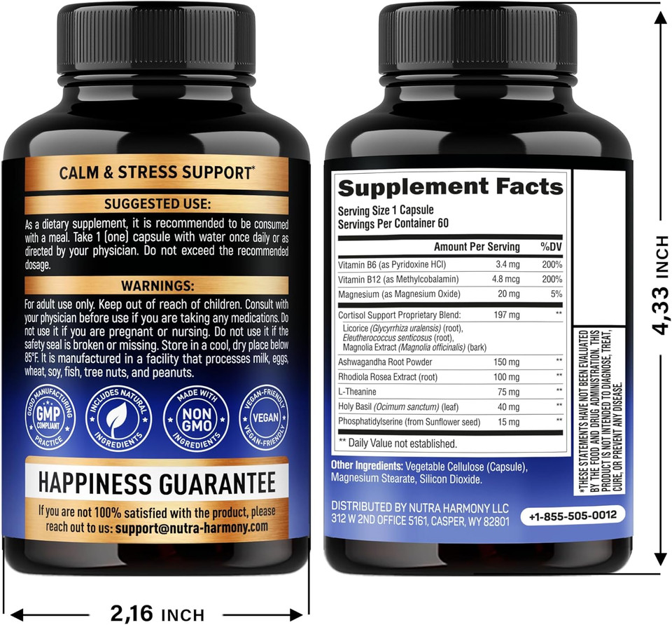 Cortisol Supplement For Women - Holy Basil | Ashwagandha | Rhodiola | L-Theanine - Plant-Based Hormone Balance - Mood, Focus & Sleep Support - Made In Usa - Vegan, Non-Gmo - 60 Capsules For 2 Months