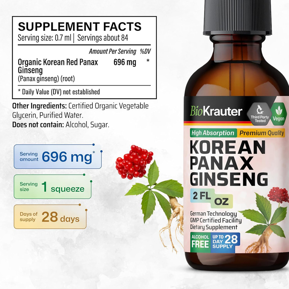 Bio Krauter Panax Ginseng Extract Liquid - Korean Red Ginseng Supplement Alcohol Free - Immune Support - Vegan, Sugar Free - 2 Fl.Oz