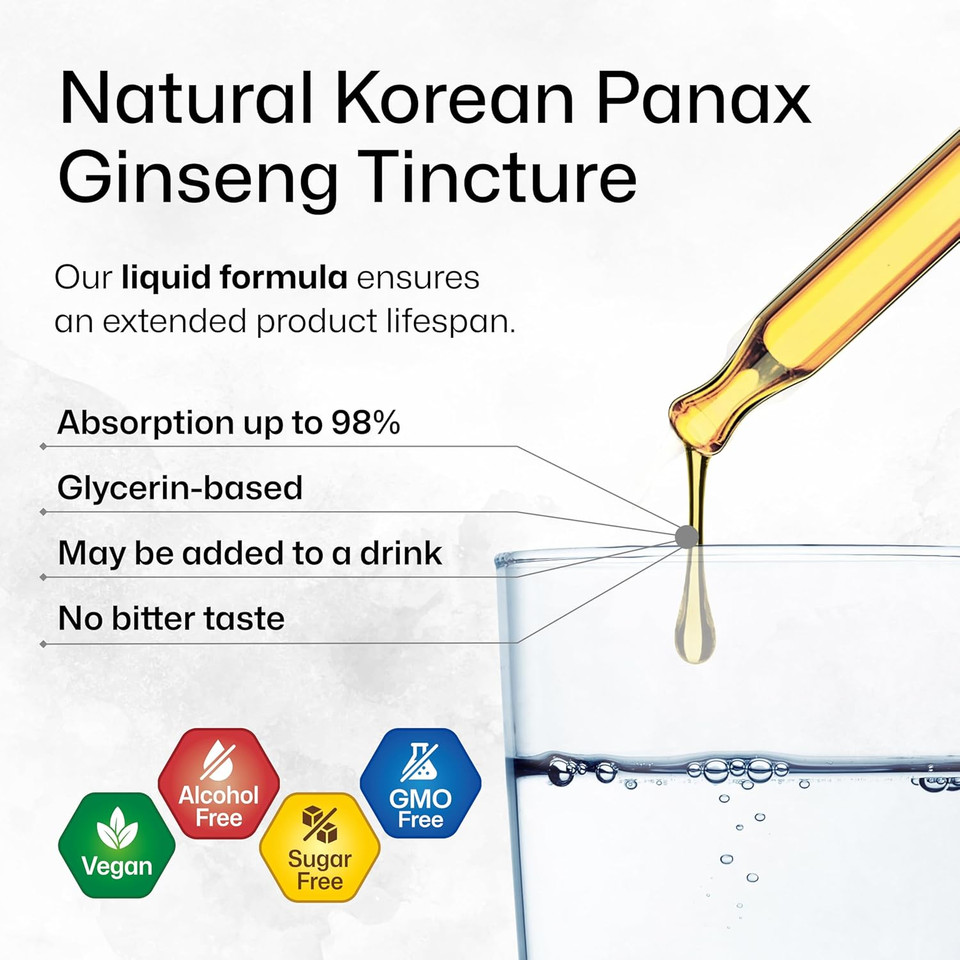 Bio Krauter Panax Ginseng Extract Liquid - Korean Red Ginseng Supplement Alcohol Free - Immune Support - Vegan, Sugar Free - 2 Fl.Oz