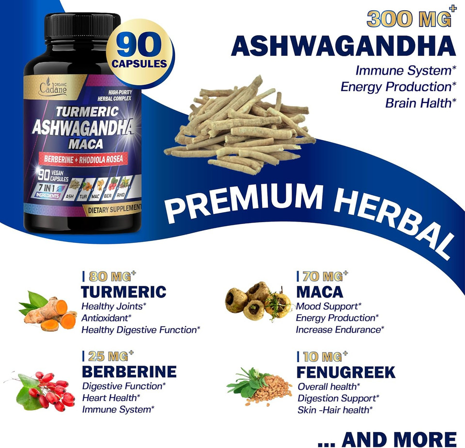 Organic Cadane Ashwagandha Supplements - Memory, Immune System & Strength Support - 7In1 Concentrated With Turmeric, Maca Root, Berberine & More - 90 Vegan Capsules For 3-Month Supply