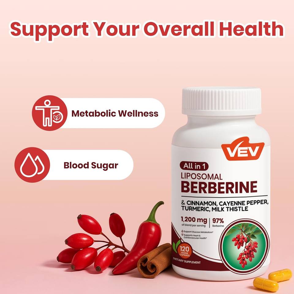 Vev Berberine Supplement With Ceylon Cinnamon, Cayenne Pepper, Turmeric, Milk Thistle, Vegan & Non-Gmo  120 Capsules