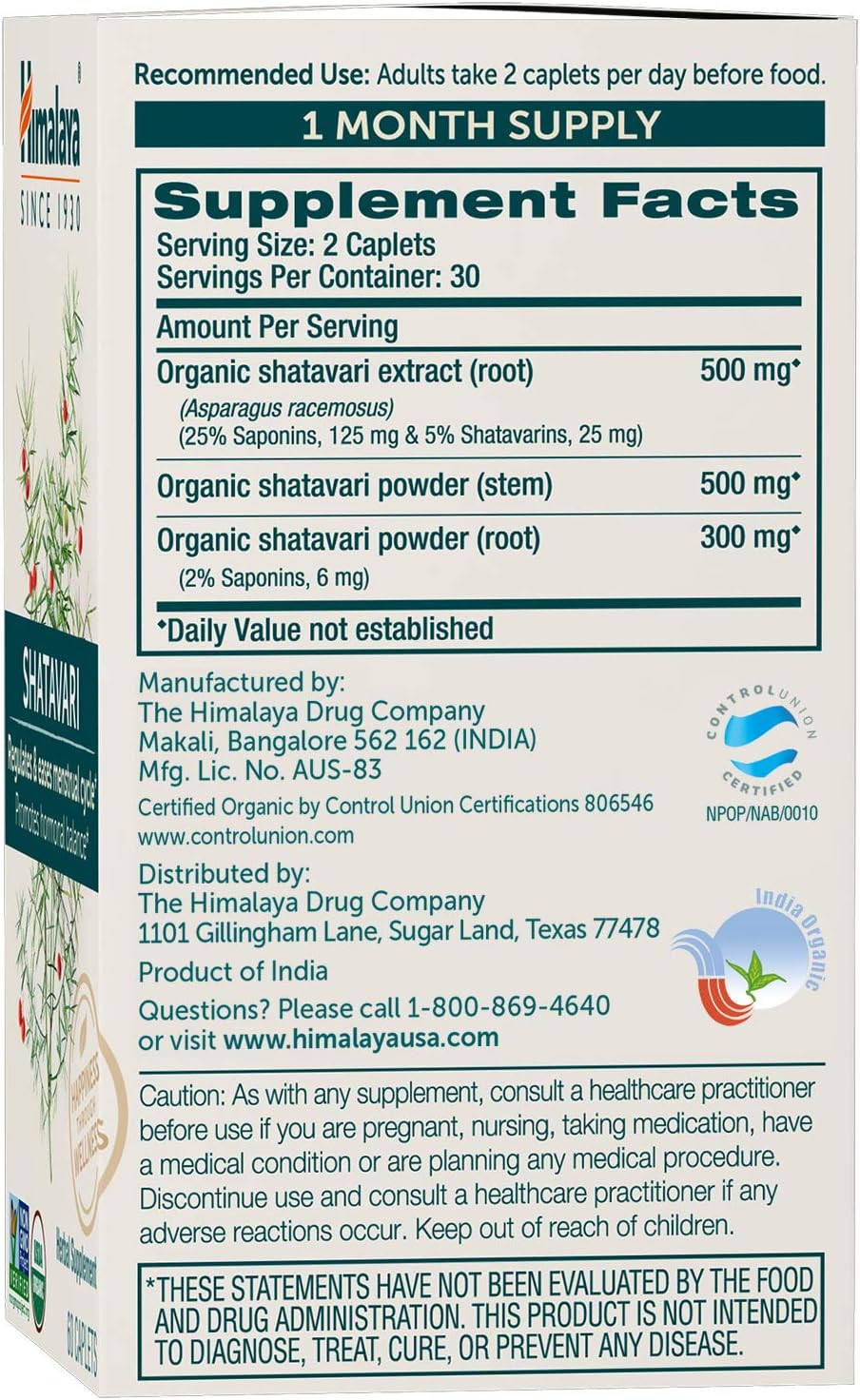 Himalaya Organic Shatavari For Pms, Menstrual Cramp Relief, Menopause Support, And Women'S Health, 1,300 Mg, 60 Caplets, 1 Month Supply