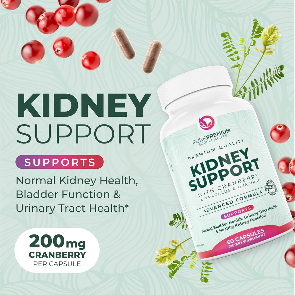 Purepremium Supplements - Kidney Support With Cranberry Extract & Astragalus - Kidney Health Supplement For Urinary Tract, Bladder, Kidney Cleanse Detox & Repair - 60 Cranberry Pills Women And Men
