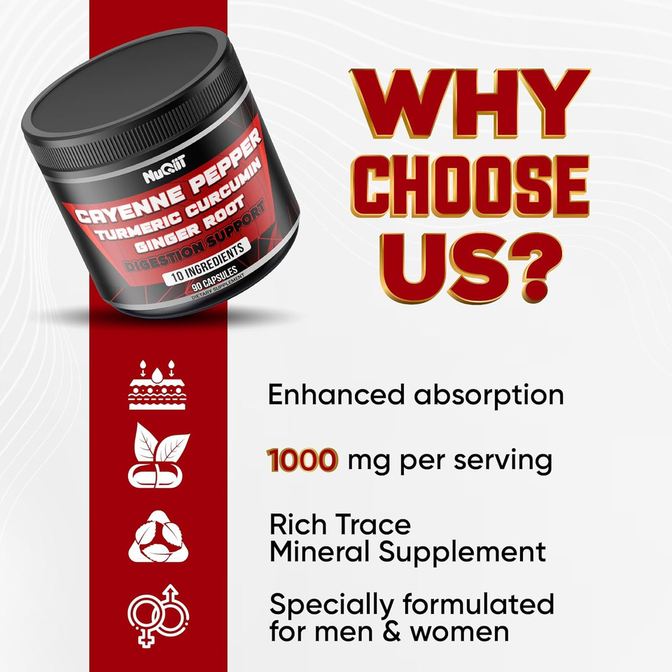 Cayenne Pepper Supplements With Turmeric Curcumin Root, Ginger Root, Citrus Bergamot & More - Digestive Health, Immune System, Heart Health & Joint Health - 90 Capsules