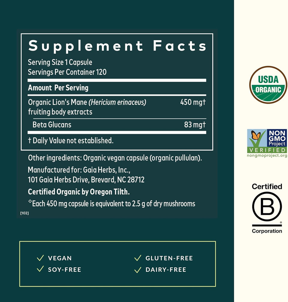 Gaia Herbs LionS Mane Mushroom - Brain & Nerve Health Support - 40 Vegan Capsules