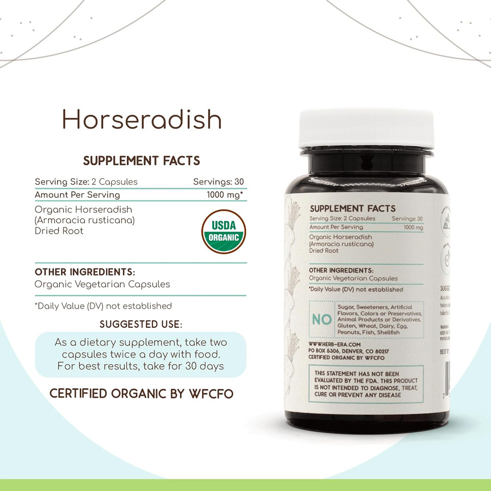 Horseradish Usda Organic 120 Capsules | Natural Herbal Supplement | Certified Organic Vegetarian Capsules And Organic Horseradish (Armoracia Rusticana) Dried Root (120 Capsules)