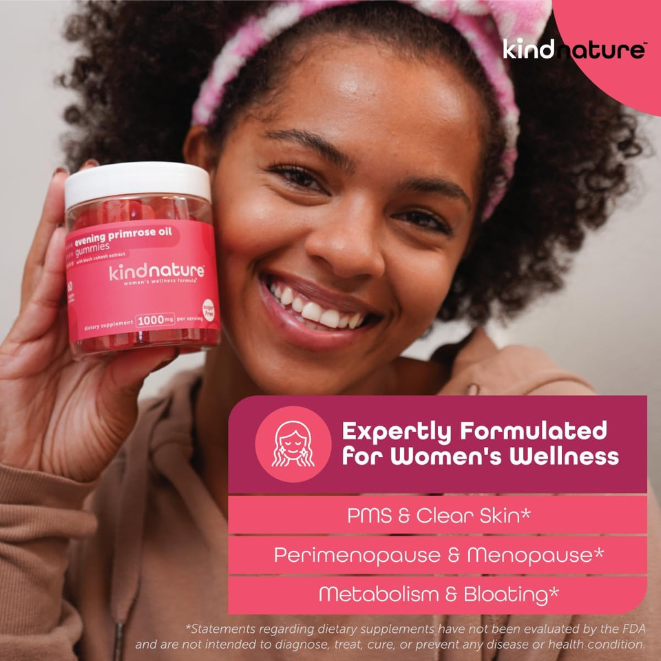 Kind Nature Evening Primrose Oil Gummies For Women  1000Mg With Black Cohosh Extract  Hormonal Balance, Pms & Menopause Support  Vegan, Sugar-Free, Non-Gmo