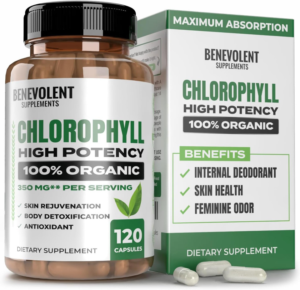 Benevolent Chlorophyll Capsules 350Mg - 100% Natural + Ultra Chlorophyll 20X Potency Concentration For Energy Boost, Immune Support, Internal Deodorant, Skin Health, Non-Gmo, 120 Capsules