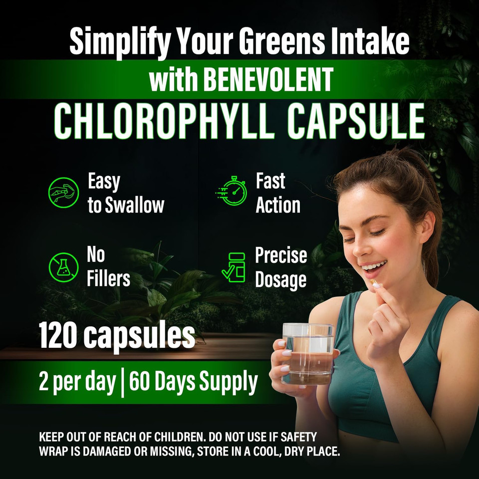 Benevolent Chlorophyll Capsules 350Mg - 100% Natural + Ultra Chlorophyll 20X Potency Concentration For Energy Boost, Immune Support, Internal Deodorant, Skin Health, Non-Gmo, 120 Capsules