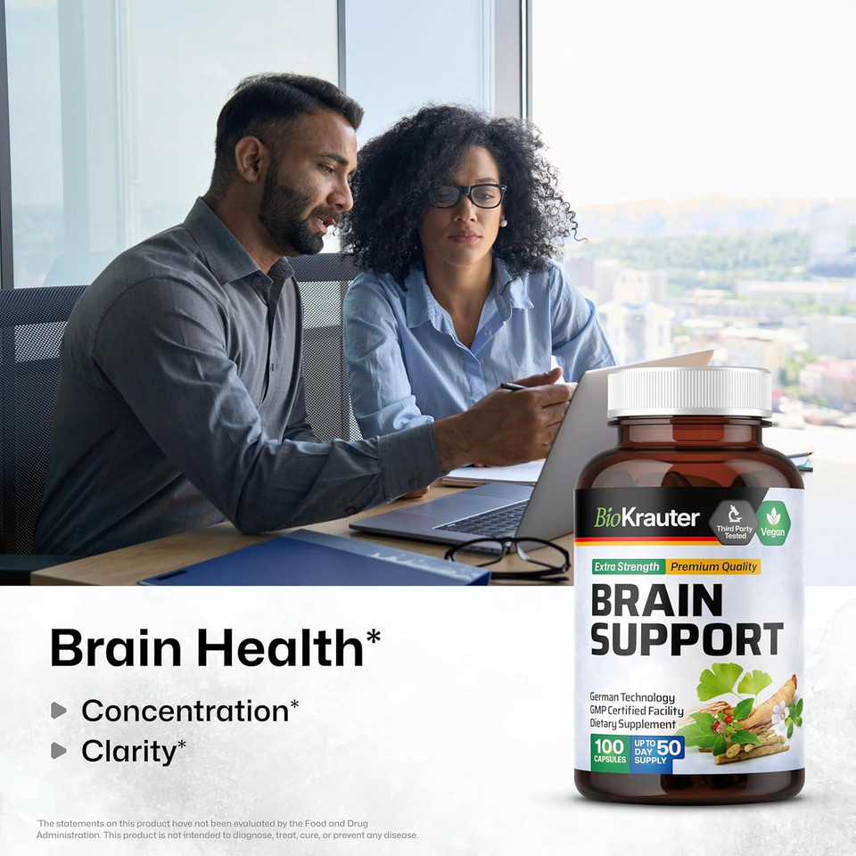 Bio Krauter Brain Support Supplement - 100 Count - 1300 Mg Blend Of Ashwagandha, Panax Ginseng And Ginkgo Biloba - Vegan, No Fillers