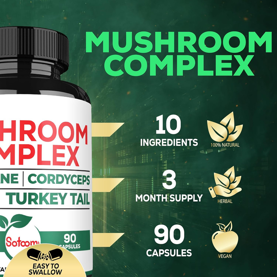 Satoomi 10In1 Lions Mane Supplement Complex - Blended With Cordyceps Sinensis, Reishi Mushroom, Turkey Tail Mushroom & Others - 90 Count For 3 Months