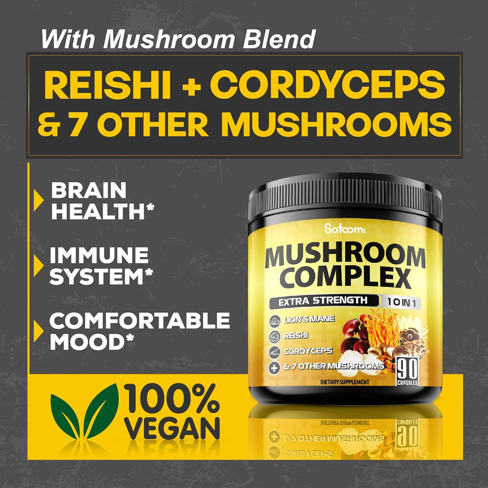 Satoomi 10In1 Mushroom Supplement Complex - Lions Mane, Cordyceps, Reishi, Chaga And 6 More - Brain Supplements For Memory & Focus - 90 Count - 3 Months Supply