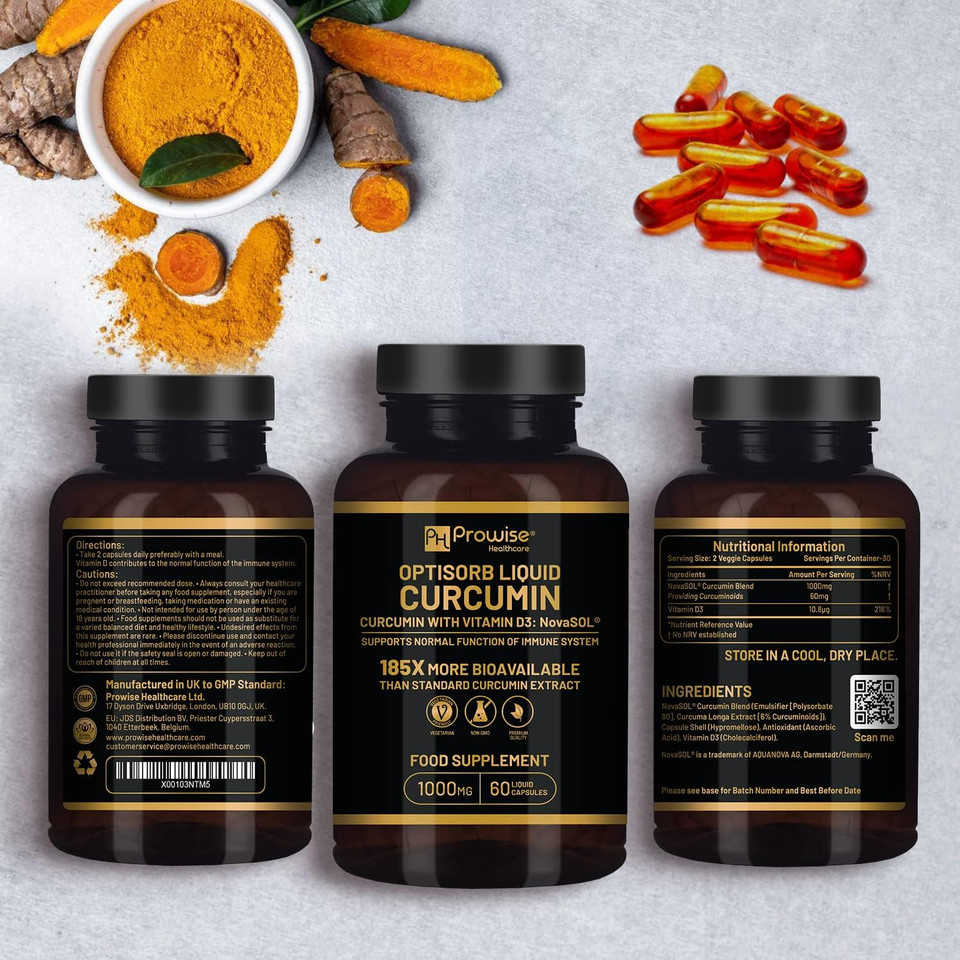 Optisorb Liquid Curcumin With Vitamin D - 60 Liqcaps | 185X Turmeric & Curcumin Bioavailability - Ultra Bioavailable | Liquid Capsules With 1000Mg Novasol Daily Dosage - Uk Manufactured
