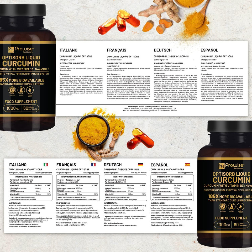Optisorb Liquid Curcumin With Vitamin D - 60 Liqcaps | 185X Turmeric & Curcumin Bioavailability - Ultra Bioavailable | Liquid Capsules With 1000Mg Novasol Daily Dosage - Uk Manufactured