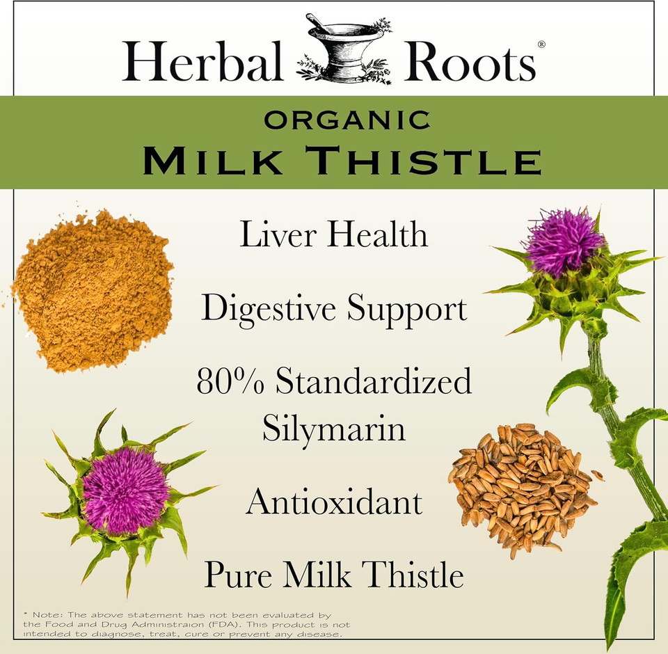 Herbal Roots Milk Thistle Capsules | Extra Strength 80% Silymarin Herbal Supplement | Made With Pure Organic Milk Thistle | Vegan And Gmo Free