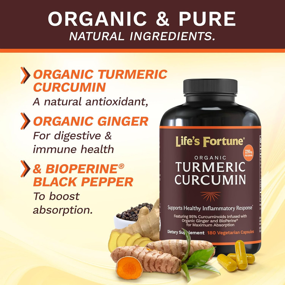 Life'S Fortune Organic Turmeric Curcumin With Black Pepper And Ginger, Enhanced Absorption, Extra Strength Supplement, Joint & Immune Support, Non-Gmo, 90 Cap - 2250Mg