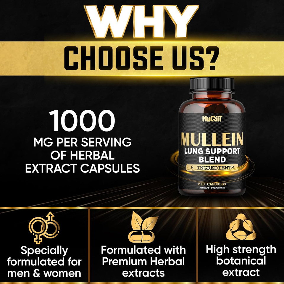Mullein Leaf Capsules With Herbal Complex As Cordyceps Sinensis, Marshmallow, And More - Respiratory Health, Immune System & Body Balance Support - 105 Servings