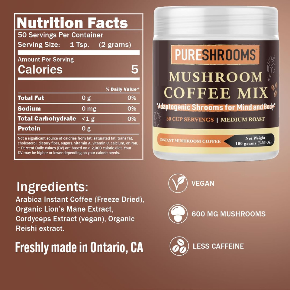 Pureshrooms Instant Mushroom Coffee With Organic Reishi, Lions Mane And Cordyceps - Low Acidity, 100% Columbian Arabica, No Sugar, Additives, Fillers (50 Servings, 100G)