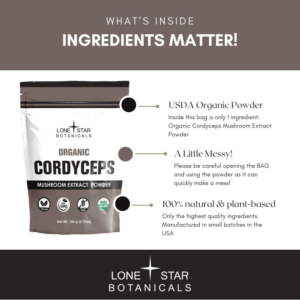 Lonestar Botanicals Organic Cordyceps Mushroom Extract Superfood Powder, 100G (2.52Oz), Vegan, Non-Gmo, Gluten-Free, Usda Organic