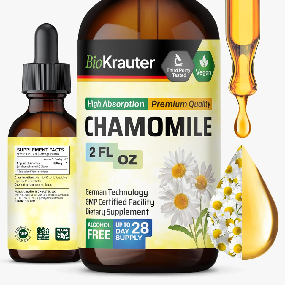 Bio Krauter Chamomile Flowers Tincture - Chamomile Extract - Contains Apigenin - Supplement For Relaxation And Calmness Support - Alcohol And Sugar Free - Vegan Drops 2 Fl.Oz
