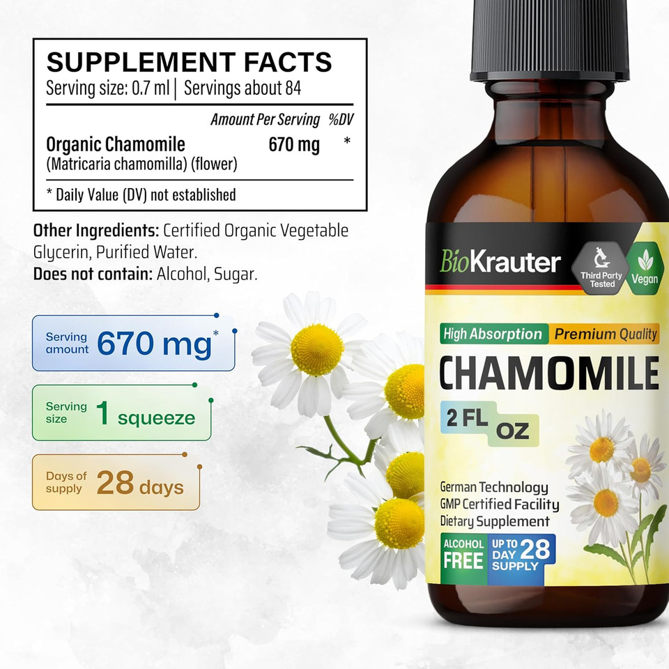 Bio Krauter Chamomile Flowers Tincture - Chamomile Extract - Contains Apigenin - Supplement For Relaxation And Calmness Support - Alcohol And Sugar Free - Vegan Drops 2 Fl.Oz