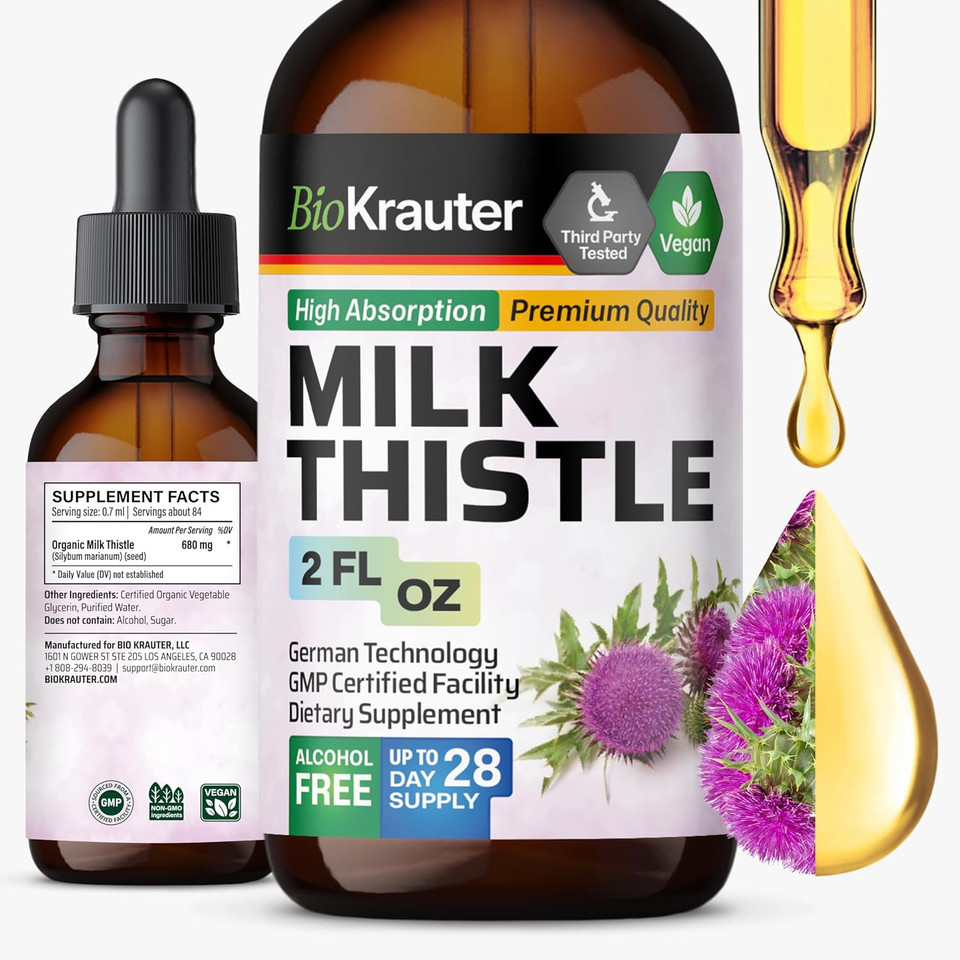 Bio Krauter Milk Thistle Extract Liquid - Silymarin Milk Thistle Supplement - Vegan, Alcohol & Sugar Free Liver Cleanse Detox Drops - 4 Fl Oz
