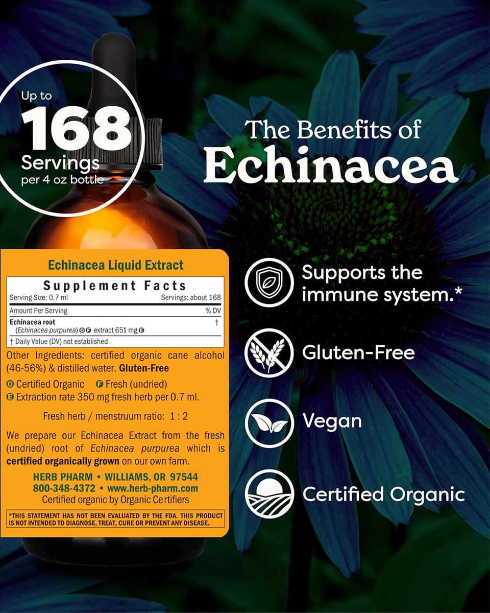 Herb Pharm Certified Organic Echinacea Root Liquid Extract For Immune System Support, Alcohol-Free Glycerite, 4 Ounce