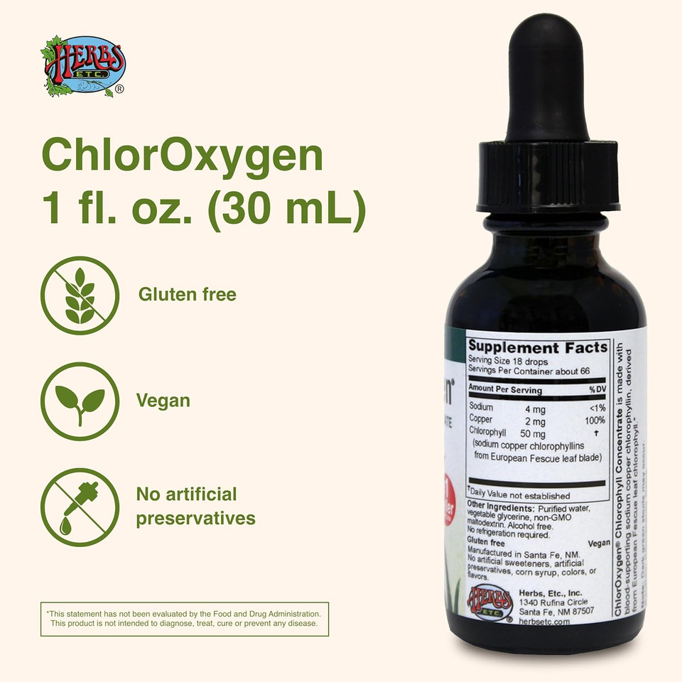 Herbs Etc. Chloroxygen Chlorophyll Concentrate - Highly-Concentrated Energy Support - Aids Healthy Blood Circulation - Natural Vitality Support - Alcohol-Free - 2 Fl Oz (About 132 Servings)