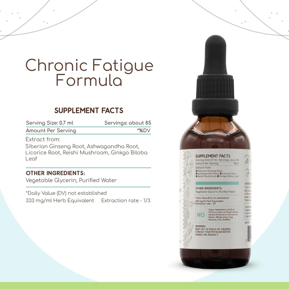 Chronic Fatigue Formula B120 Alcohol-Free Extract Tincture: Siberian Ginseng Root, Ashwagandha Root, Licorice Root, Ginkgo Biloba Leaf, Reishi Mushroom. Chronic Fatigue Blend 4 Fl Oz