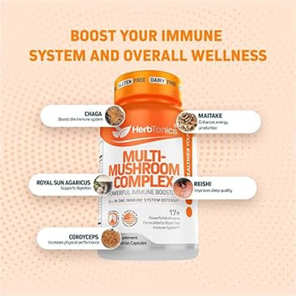 Herbtonics All-In-One Mushroom Supplement For Immune System Support | Nootropic Brain Support Supplement With Lion'S Mane, Cordyceps, Reishi | Powerful Mushroom Complex | 120 Vegan Capsules