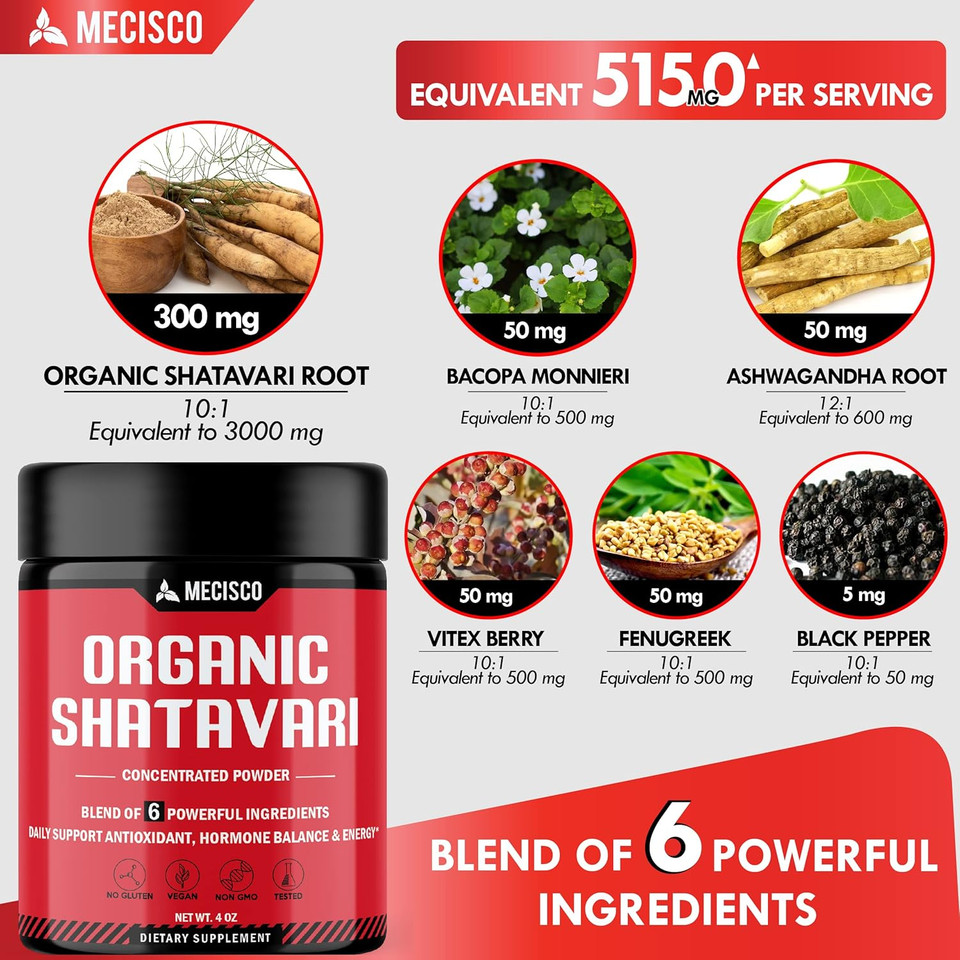 6In1 Shatavari Powder Organic - Blended With Shatavari Root, Bacopa Monnieri, Ashwagandha Root, Vitex Berry, Fenugreek & Black Pepper - Supports Rejuvenation, Promotes Energy & Vitality - 4 Oz