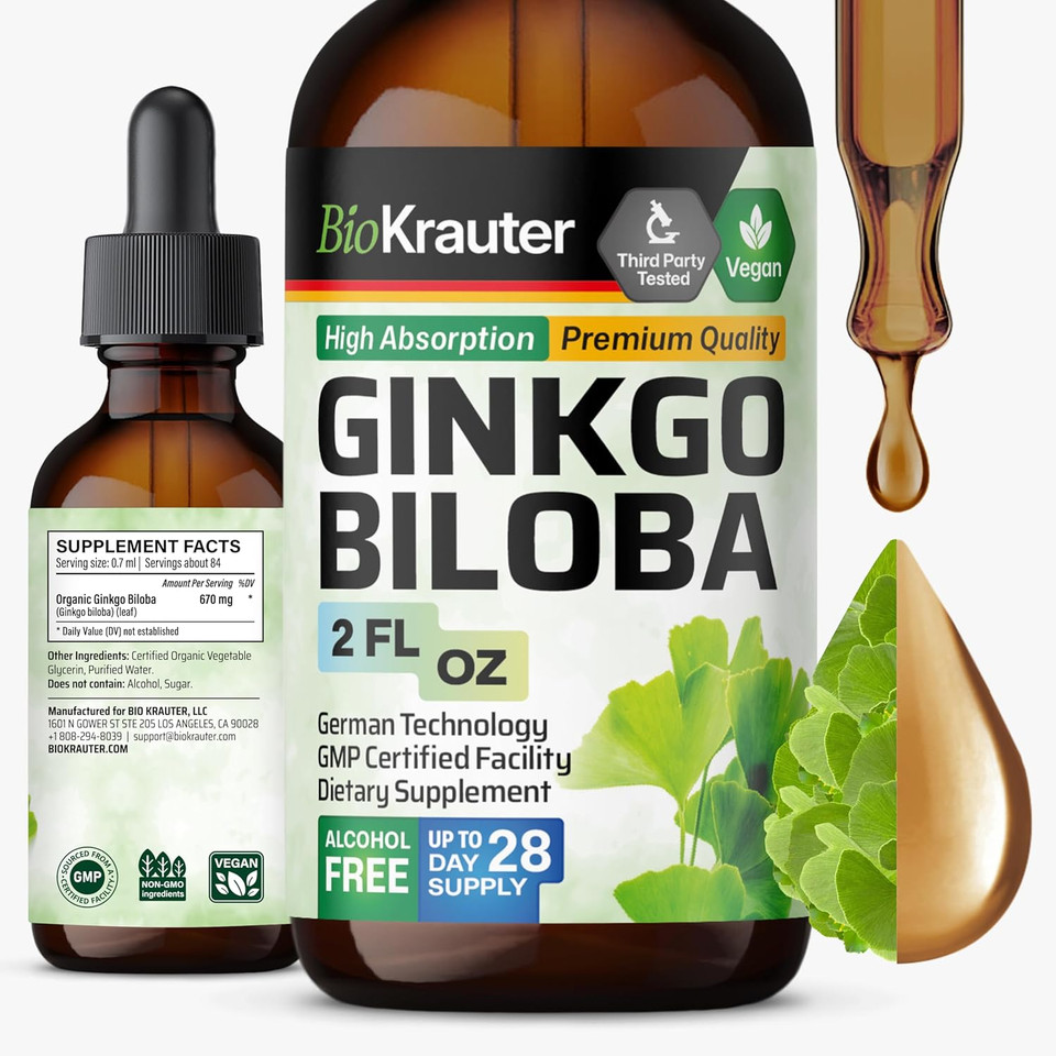 Bio Krauter Ginkgo Biloba Extract - Liquid Ginkgo Biloba Supplements For Brain - Vegan, Alcohol & Sugar Free - 2 Fl Oz