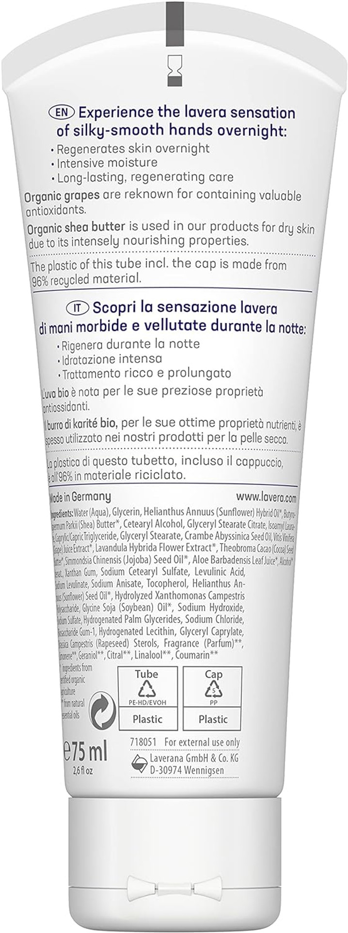 Lavera Good Night 2In1 Hand Cream And Mask - Natural Cosmetics - Vegan - Certified - Organic Grape & Organic Shea Butter - 75Ml