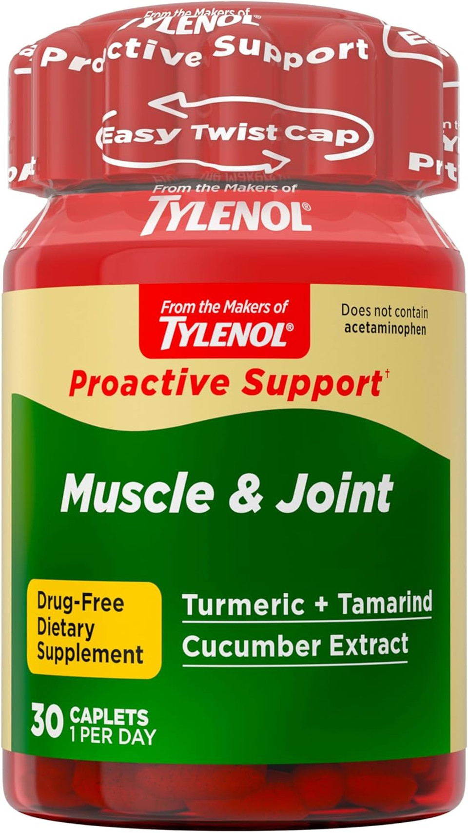 Tylenol Proactive Support* Muscle & Joint Supplements, Drug Free, Tamarind + Turmeric Supplement + Cucumber Extract To Improve Joint Comfort & Flexibility*, 30 Ct