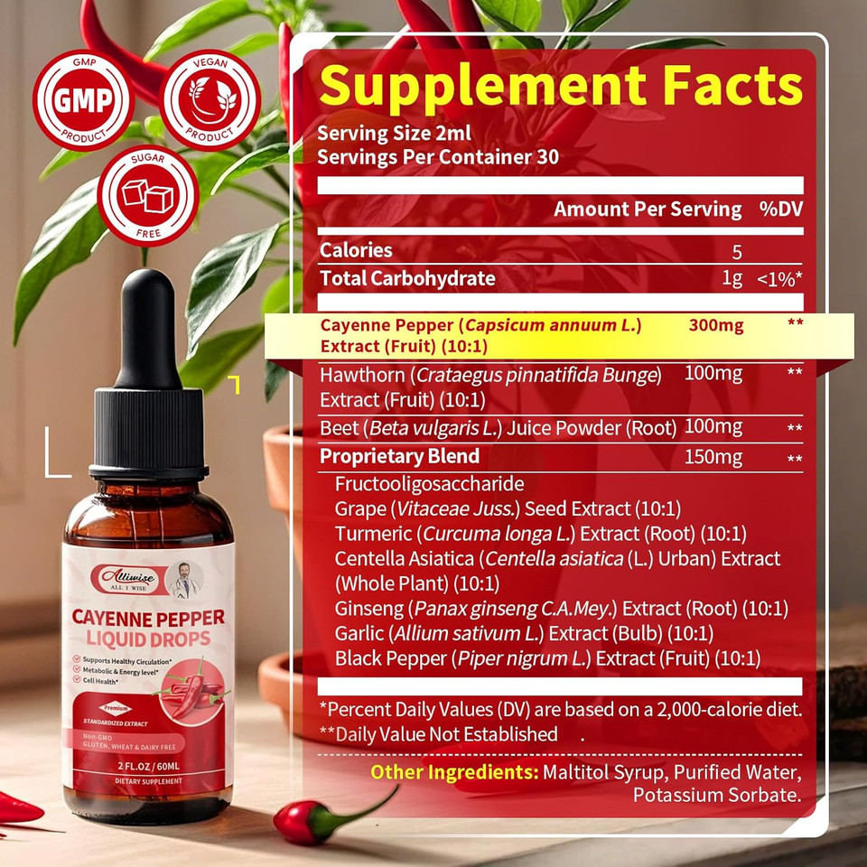 Cayenne Pepper Drops Supplement Liquid,With Hawthorn,Beet,Ginseng,Centella Asiatica,Grape,Turmeric For Energy,Circulation