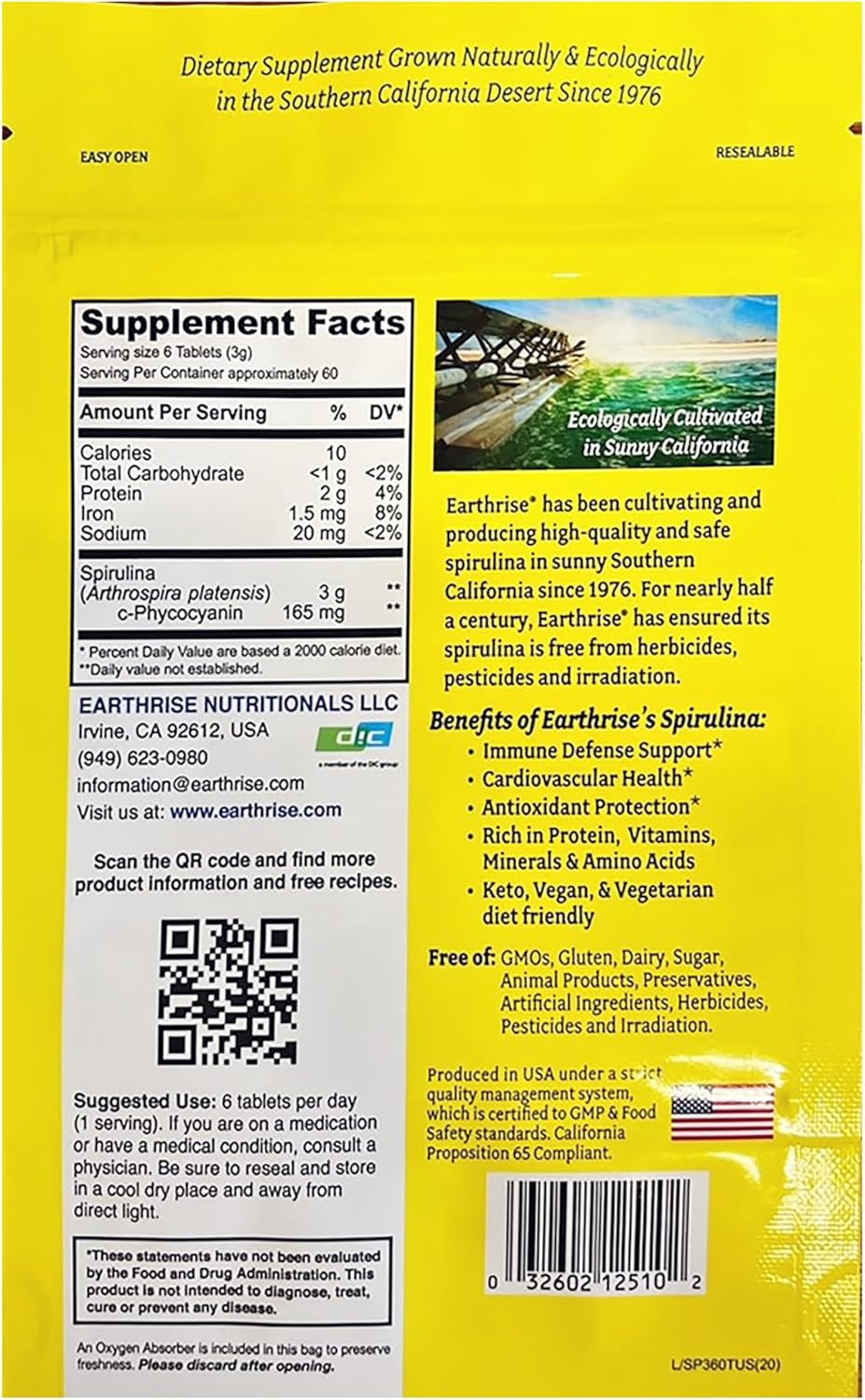 Earthrise Superfood 100% California Grown Spirulina 500Mg Tablets (180 Count), Natural Premium Spirulina, Vegan, Gluten Free, Keto Friendly, Non -Gmo, High In Vitamins & Minerals