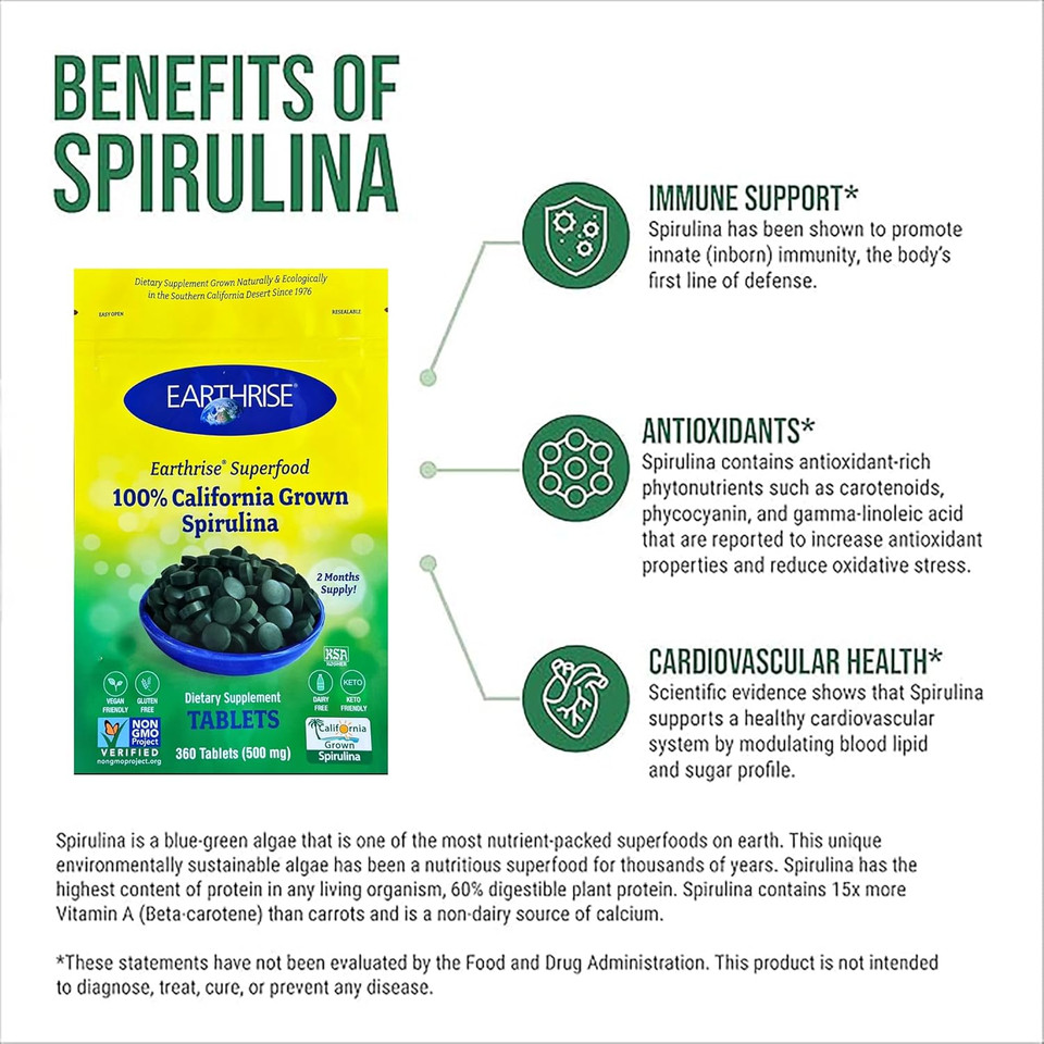 Earthrise Superfood 100% California Grown Spirulina 500Mg Tablets (180 Count), Natural Premium Spirulina, Vegan, Gluten Free, Keto Friendly, Non -Gmo, High In Vitamins & Minerals