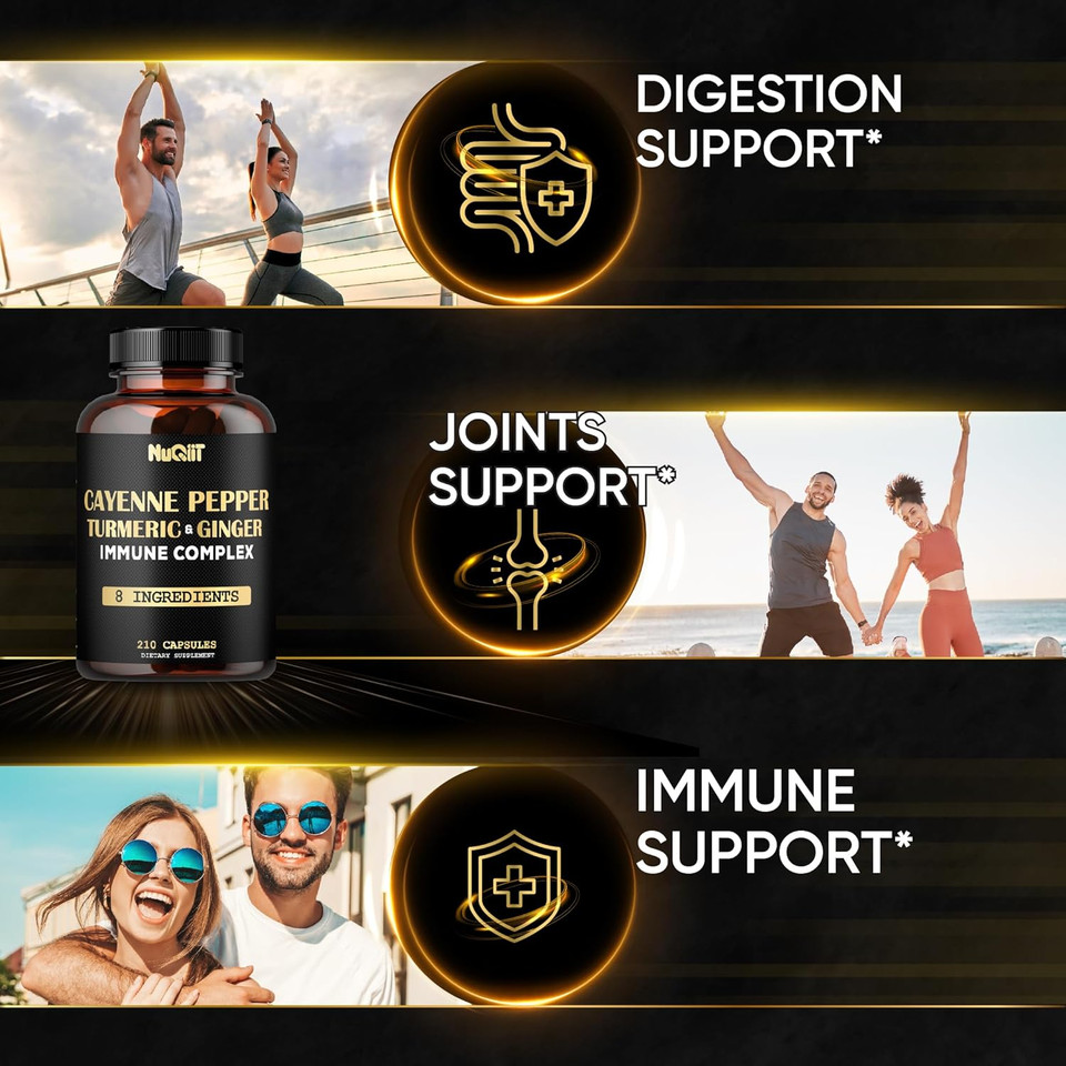 210 Pills - Cayenne Pepper Capsules Organic With Turmeric, Ginger, Immune Support Complex As Elderberry, Echinacea, Garlic Bulb - Digestion, Heart Health & Body Management