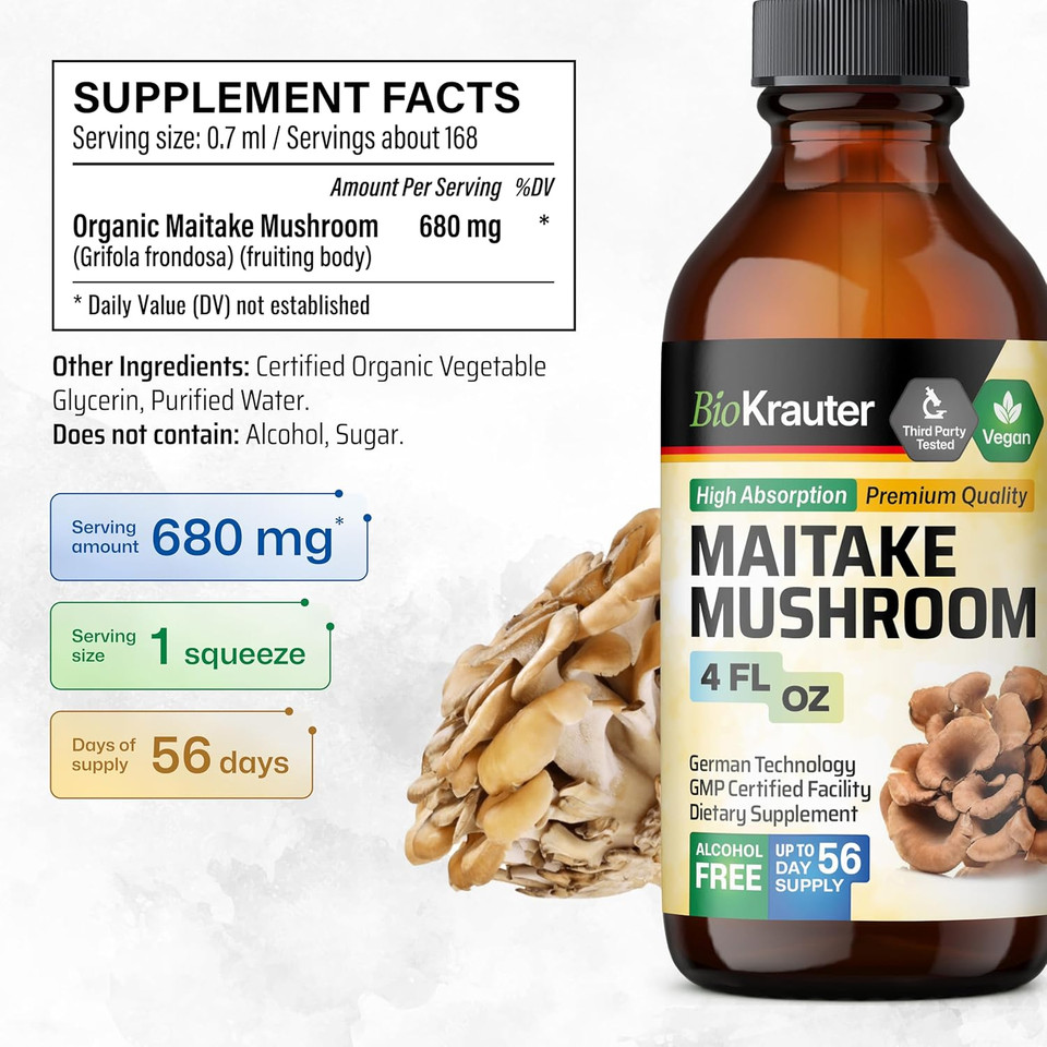 Bio Krauter Maitake Mushroom Extract - Maitake Liquid Supplement For Immune Support - 680 Mg Per Serving - Vegan, Alcohol & Sugar Free Drops 4 Fl.Oz