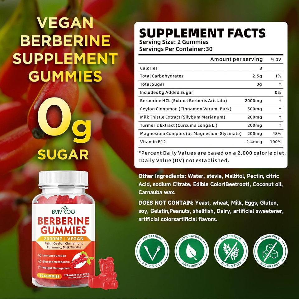 Berberine Gummies,Sugar Free 2000Mg High Potency Berberine Hci Supplement, Plus Ceylon Cinnamon, Milk Thistle For Women & Men, Immune System & Metabolism Support - 60 Gummies